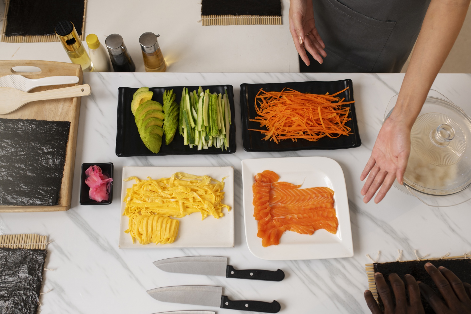 Studio mise-en-place with labeled portions